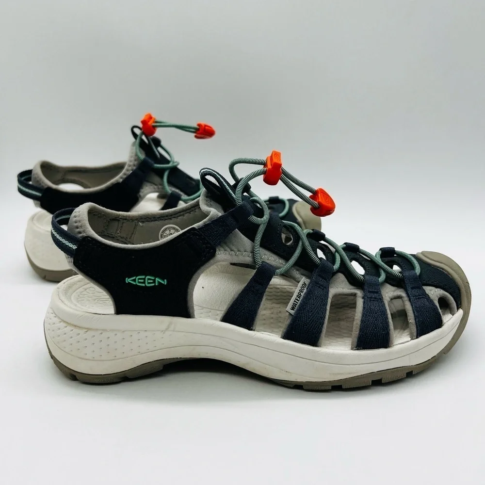 KEEN Women’s Stylish Blue and Gray Waterproof Sandals with Orange Accents Size 7
